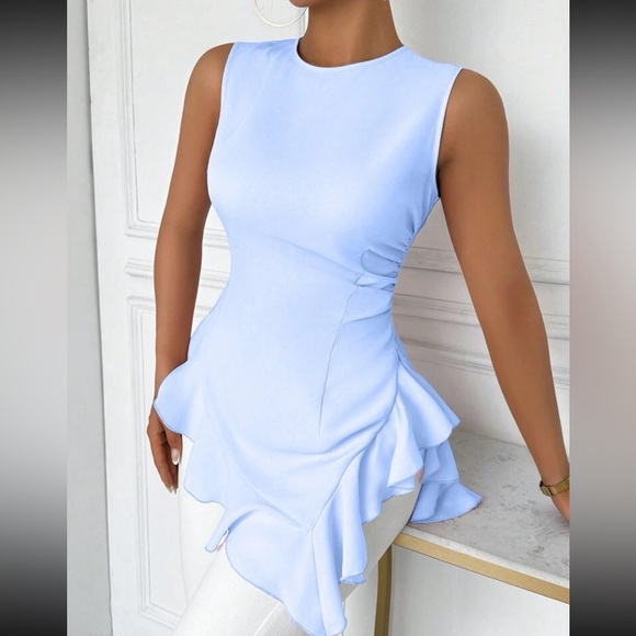 Luxe pink round neck ruffle hem sleeveless blouse - Picture 16 of 16